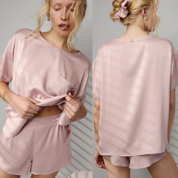 Lunya Washable Silk T-Shirt Delicate Pink Round Neck Short Sleeves - Picture 1 of 7